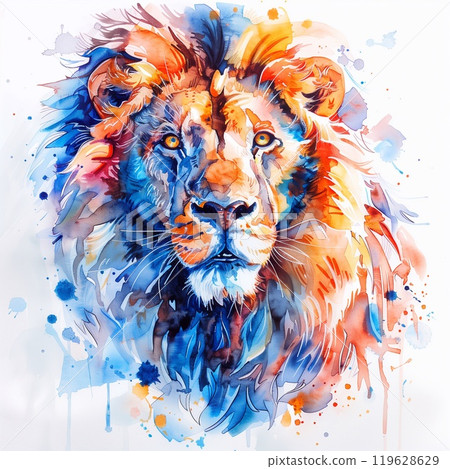 This artwork features a striking lions face rendered in vivid watercolor, symbolizing the Leo zodiac sign on a clean white backdrop 119628629