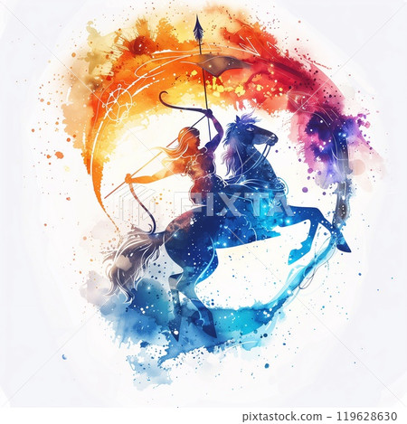 This striking watercolor artwork captures the essence of Sagittarius with dynamic colors and fluid forms on a white canvas 119628630