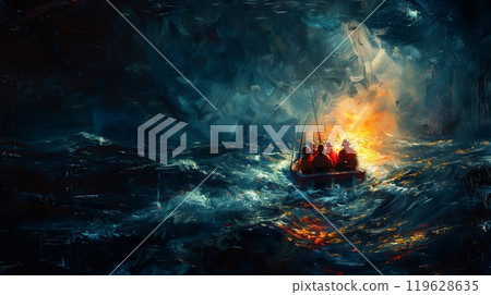 A group of rescuers works diligently in rough waters at night to reach and save those in peril, guided by flames in the distance 119628635