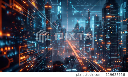 The skyline glows with neon lights and digital patterns, reflecting a high tech urban environment after dark The skyline glows with neon lights and digital patterns, reflecting a high tech urban environment after dark 119628636