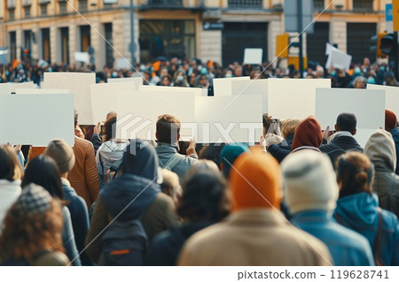 A large group of people protests, each holding white placards, gathering in a bustling city street, united in their cause 119628741