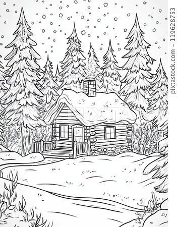 Coloring page of cozy cabin surrounded by snowy trees and twinkling lights, cartoon style Coloring page of cozy cabin surrounded by snowy trees and twinkling lights, cartoon style 119628753