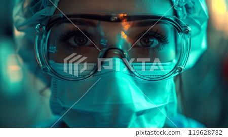 An anesthesiologist prepared for a procedure, wearing protective equipment and concentrating intently on patient safety in the operating room 119628782