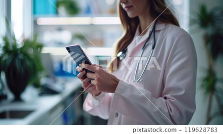A healthcare professional focuses on a smartphone, exploring mobile technologies to enhance patient care in a contemporary clinic 119628783