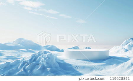 A serene winter landscape with a circular platform surrounded by snowy hills under a clear blue sky at dawn. 119628851