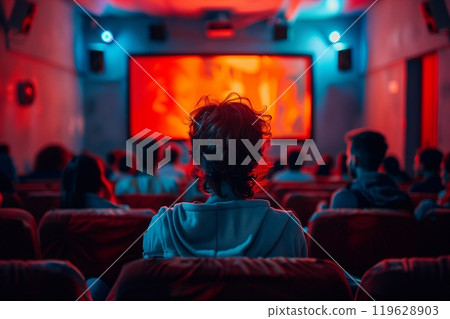 A group of viewers sits quietly in a theater, captivated by a movie that bathes the room in vibrant colors A group of viewers sits quietly in a theater, captivated by a movie that bathes the room in vibrant colors 119628903