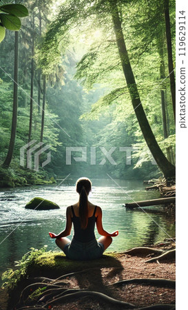 Woman meditating by a river in the forest 119629114