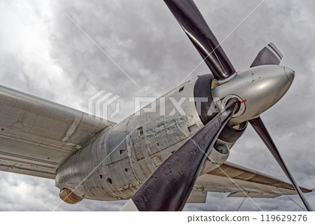 Conducting a detailed examination of the propeller blade with cloudy sky in the background. Transall C-160 Conducting a detailed examination of the propeller blade with cloudy sky in the background. Transall C-160 119629276