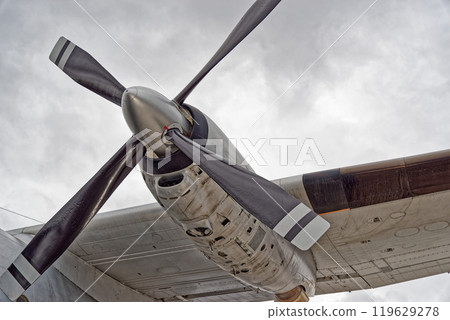 Conducting a detailed examination of the propeller blade with cloudy sky in the background. Transall C-160 119629278