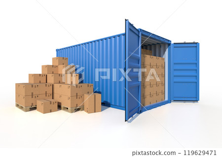 Ship cargo container side view with cardboard boxes 119629471