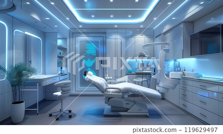 A sleek dental examination room features state of the art medical equipment, ambient blue lighting, and a comfortable patient chair 119629497