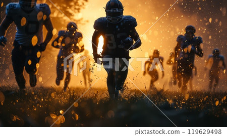 A group of men sprints across a football field at dusk, demonstrating their speed and teamwork during practice or a game 119629498