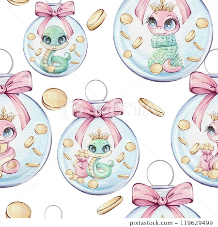 Snakes with coins, for a cheerful and festive home decor this season. Holiday watercolor seamless pattern, Ornaments. Symbol wealth of Chines New Year 2025 in cute cartoon style for souvenirs Snakes with coins, for a cheerful and festive home decor this season. Holiday watercolor seamless pattern, Ornaments. Symbol wealth of Chines New Year 2025 in cute cartoon style for souvenirs 119629499