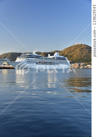 Photographing the cruise ship Regatta calling at Hakodate Port in Hakodate, Hokkaido in autumn 119629543