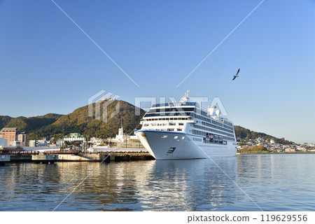 Photographing the cruise ship Regatta calling at Hakodate Port in Hakodate, Hokkaido in autumn 119629556