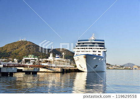 Photographing the cruise ship Regatta calling at Hakodate Port in Hakodate, Hokkaido in autumn 119629558