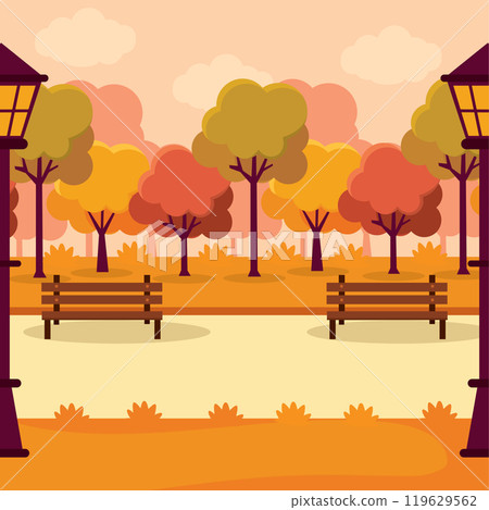 Autumn park with benches and street lamps, Vector 119629562