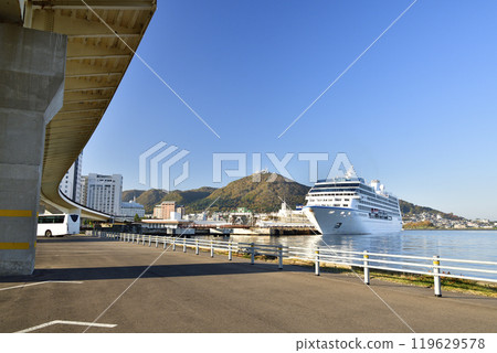 Photographing the cruise ship Regatta calling at Hakodate Port in Hakodate, Hokkaido in autumn 119629578