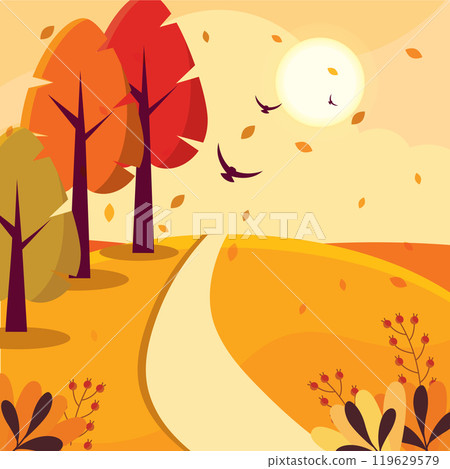 Autumn path with trees and flying birds at sunset, Vector Autumn path with trees and flying birds at sunset, Vector 119629579
