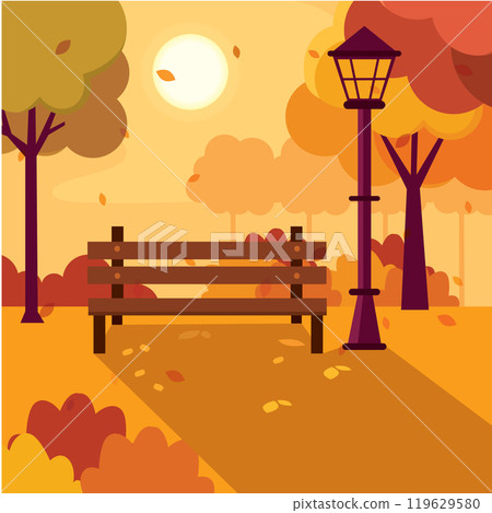 Park bench under a tree with a street lamp, Vector 119629580
