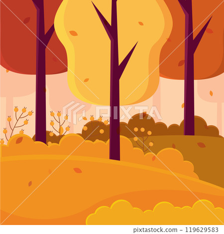 Colorful autumn trees with falling leaves in a forest, Vector 119629583