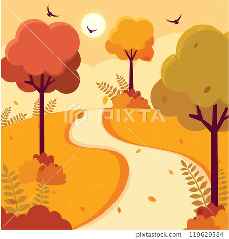 Autumn landscape with trees and winding path, Vector 119629584
