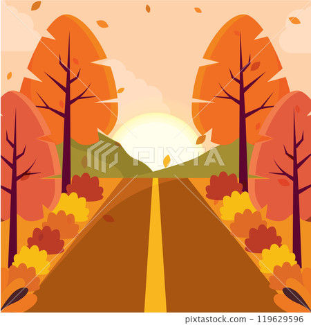 Autumn road lined with orange trees at sunset, Vector 119629596