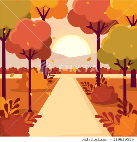 Pathway through autumn forest with falling leaves, Vector Pathway through autumn forest with falling leaves, Vector 119629599