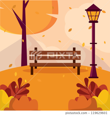 Bench and street lamp in autumn park setting, Vector Bench and street lamp in autumn park setting, Vector 119629601