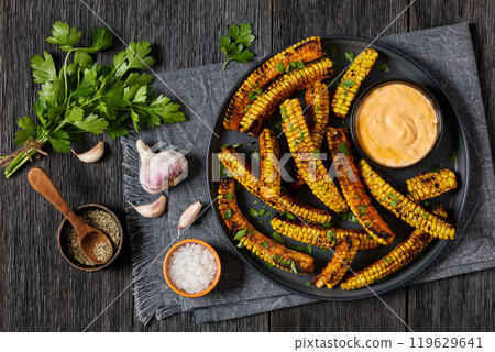 bbq corn ribs on a plate, top view 119629641