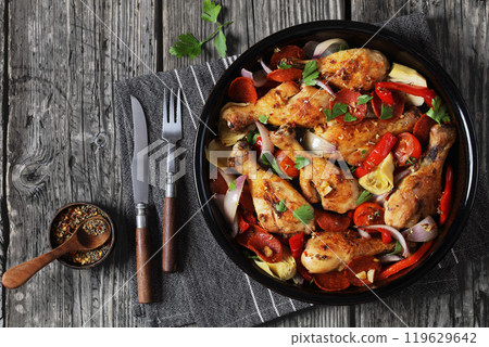 Basque Chicken Pepper Artichoke and Chorizo Saute Basque Chicken Pepper Artichoke and Chorizo Saute 119629642