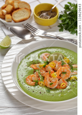 Shrimps in Culichi Salsa or Poblano sauce in bowl Shrimps in Culichi Salsa or Poblano sauce in bowl 119629643