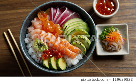 top view of a delicious poke sushi bowl top view of a delicious poke sushi bowl 119629828