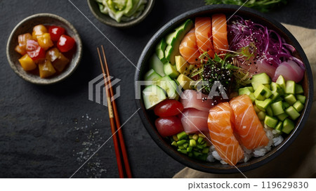 top view of a delicious poke sushi bowl 119629830