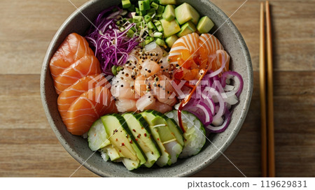top view of a delicious poke sushi bowl 119629831