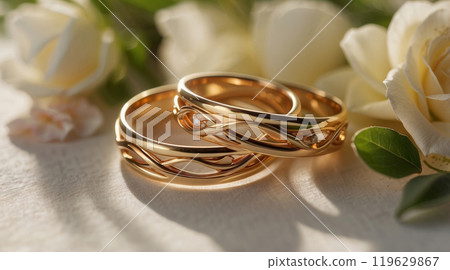 a pair of gold wedding rings 119629867