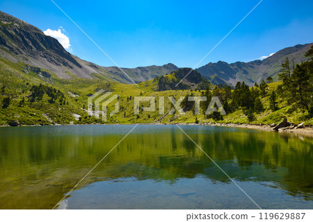Picturesque small lake high in the mountains against the backdrop of blue sky. 119629887