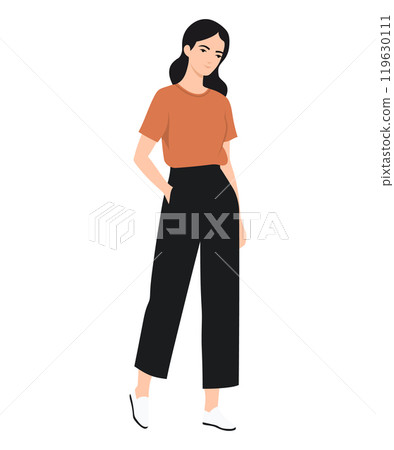 Vector illustration of a girl in casual clothes orange t-shirt and black pants. Simplicity and comfort. Vector illustration of a girl in casual clothes orange t-shirt and black pants. Simplicity and comfort. 119630111