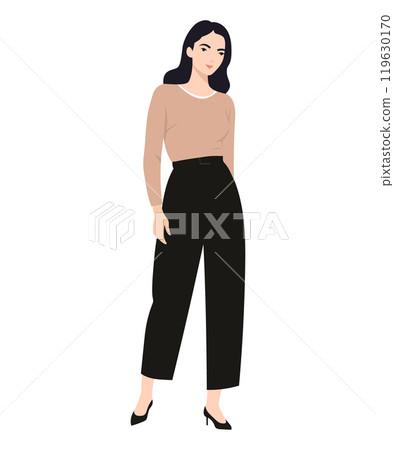 Vector illustration of a girl in a cozy beige sweater and black pants. Suitable for autumn looks. 119630170