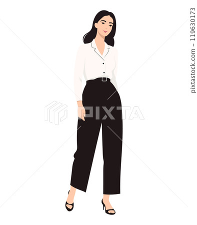 Vector illustration of a girl in a white blouse and black trousers. She looks stylish and elegant. Vector illustration of a girl in a white blouse and black trousers. She looks stylish and elegant. 119630173