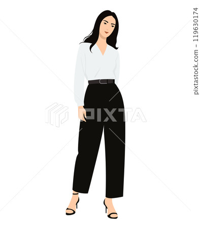Vector illustration of a girl in a white blouse and black trousers. She looks stylish and elegant. Vector illustration of a girl in a white blouse and black trousers. She looks stylish and elegant. 119630174