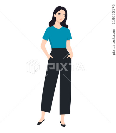 Vector illustration of a girl in casual clothes blue t-shirt and black pants. Simplicity and comfort. Vector illustration of a girl in casual clothes blue t-shirt and black pants. Simplicity and comfort. 119630176