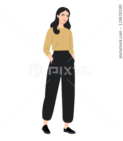 Vector illustration of a girl in a yellow sweater and black pants. Cozy and minimalistic autumn style. Vector illustration of a girl in a yellow sweater and black pants. Cozy and minimalistic autumn style. 119630180