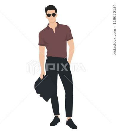 Young man in burgundy shirt, black trousers and black glasses holding jacket. Elegant style for walks or evening events. 119630184