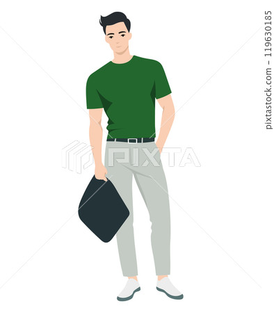 Young man in light trousers and a green T-shirt holding a black briefcase. Casual and business style for the office or meetings. 119630185