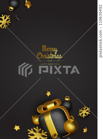 Christmas winter festive composition. Colorful Xmas background realistic 3d decorative design objects, christmas tree, gift boxes, xmas ball, gold confetti. Happy New Year. Vector illustration 119630492