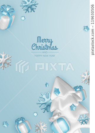 Happy New Year and Merry Christmas 2025. Christmas tree, Gift boxes, Christmas balls. Greeting card. Vector 3d rendering. Happy New Year and Merry Christmas 2025. Christmas tree, Gift boxes, Christmas balls. Greeting card. Vector 3d rendering. 119630506