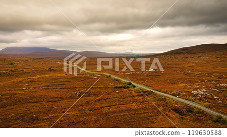 Glenveagh National Park in Donegal Ireland aerial view - The breathtaking landscape features rolling 119630588