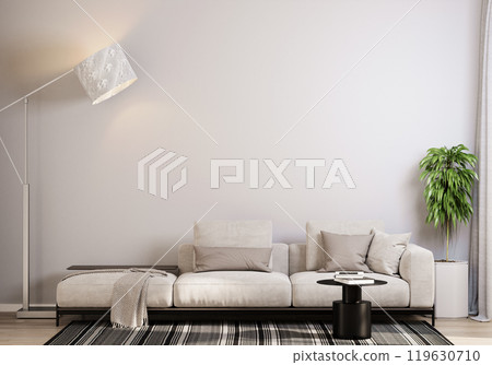 Modern Living Room with Beige Sofa and Floor Lamp. 3D render Modern Living Room with Beige Sofa and Floor Lamp. 3D render 119630710