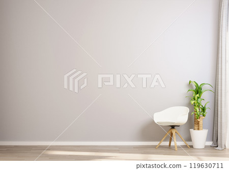 Minimalist Interior with White Chair and Potted Plant. 3D render 119630711